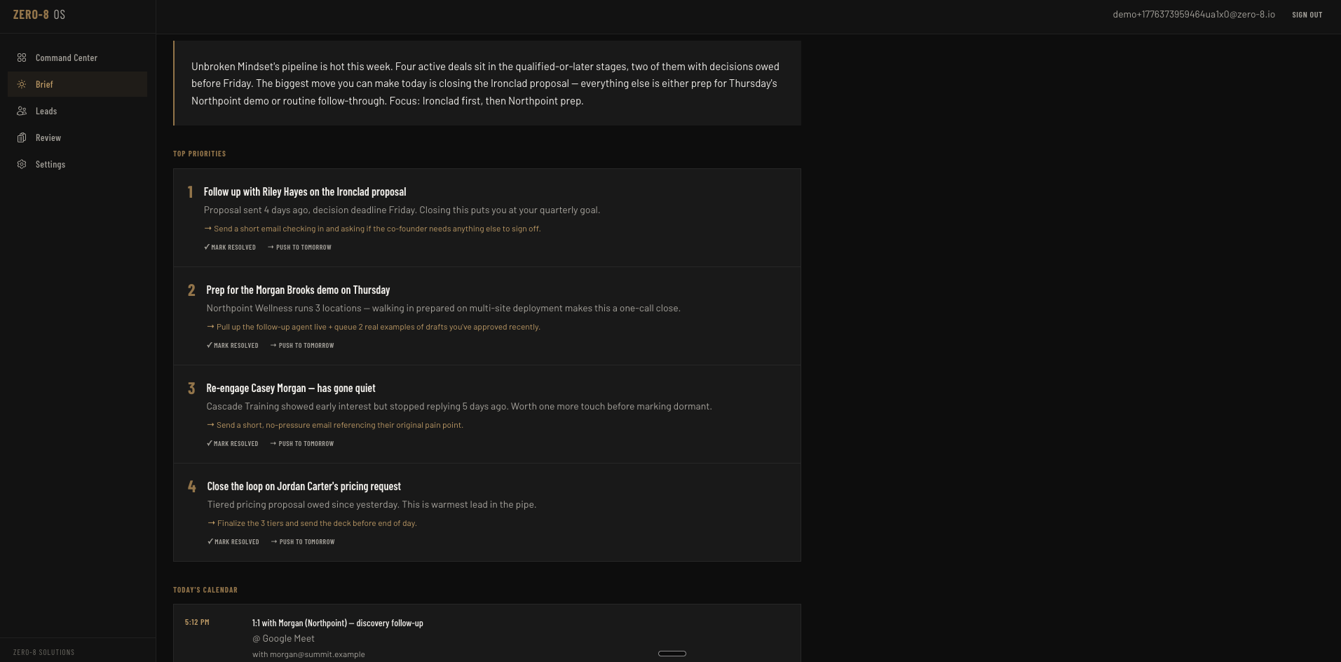 Morning Brief showing ranked priorities and today's calendar