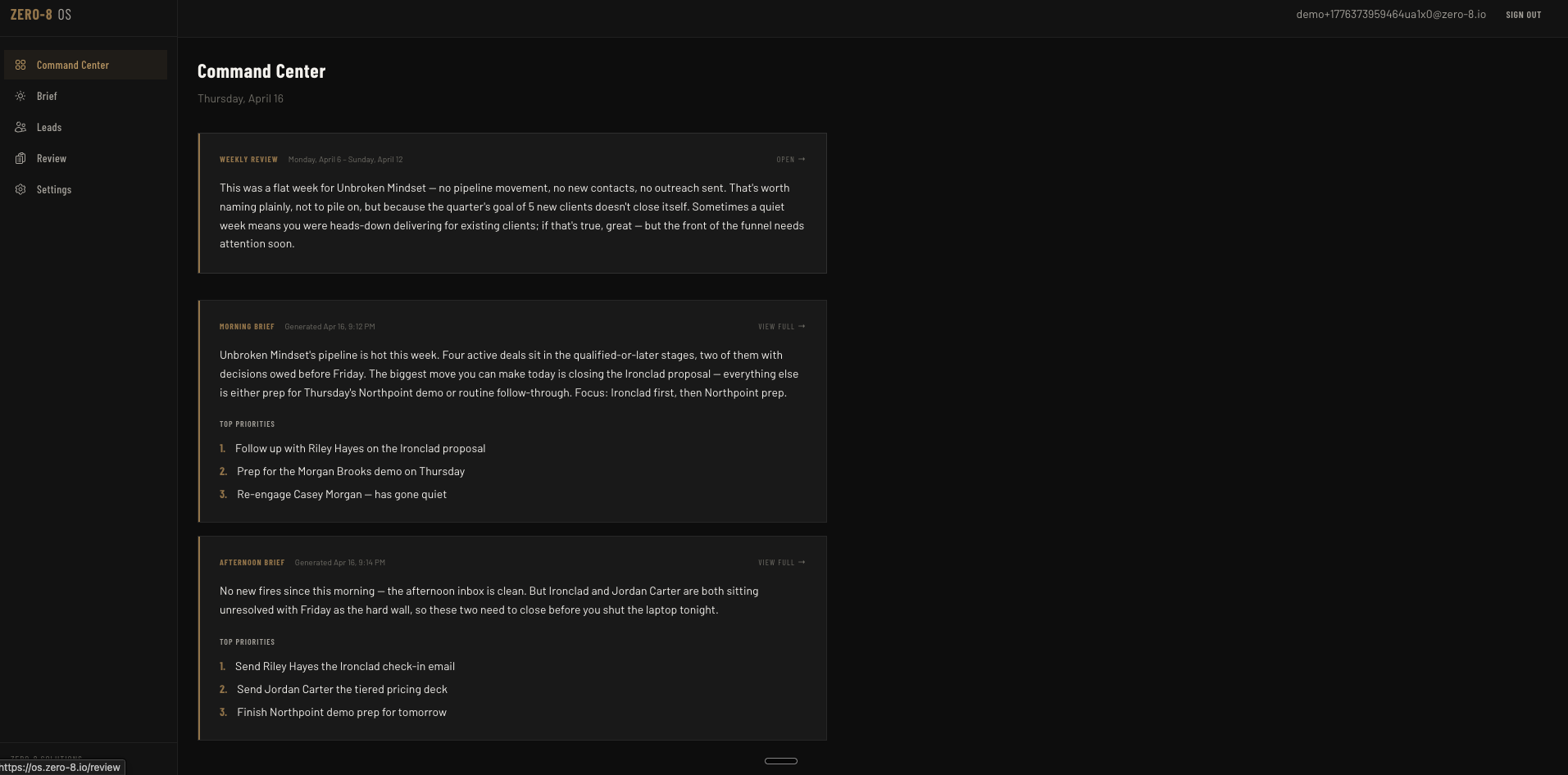 Zero-8 OS Command Center showing Morning Brief, Weekly Review, and today's priorities