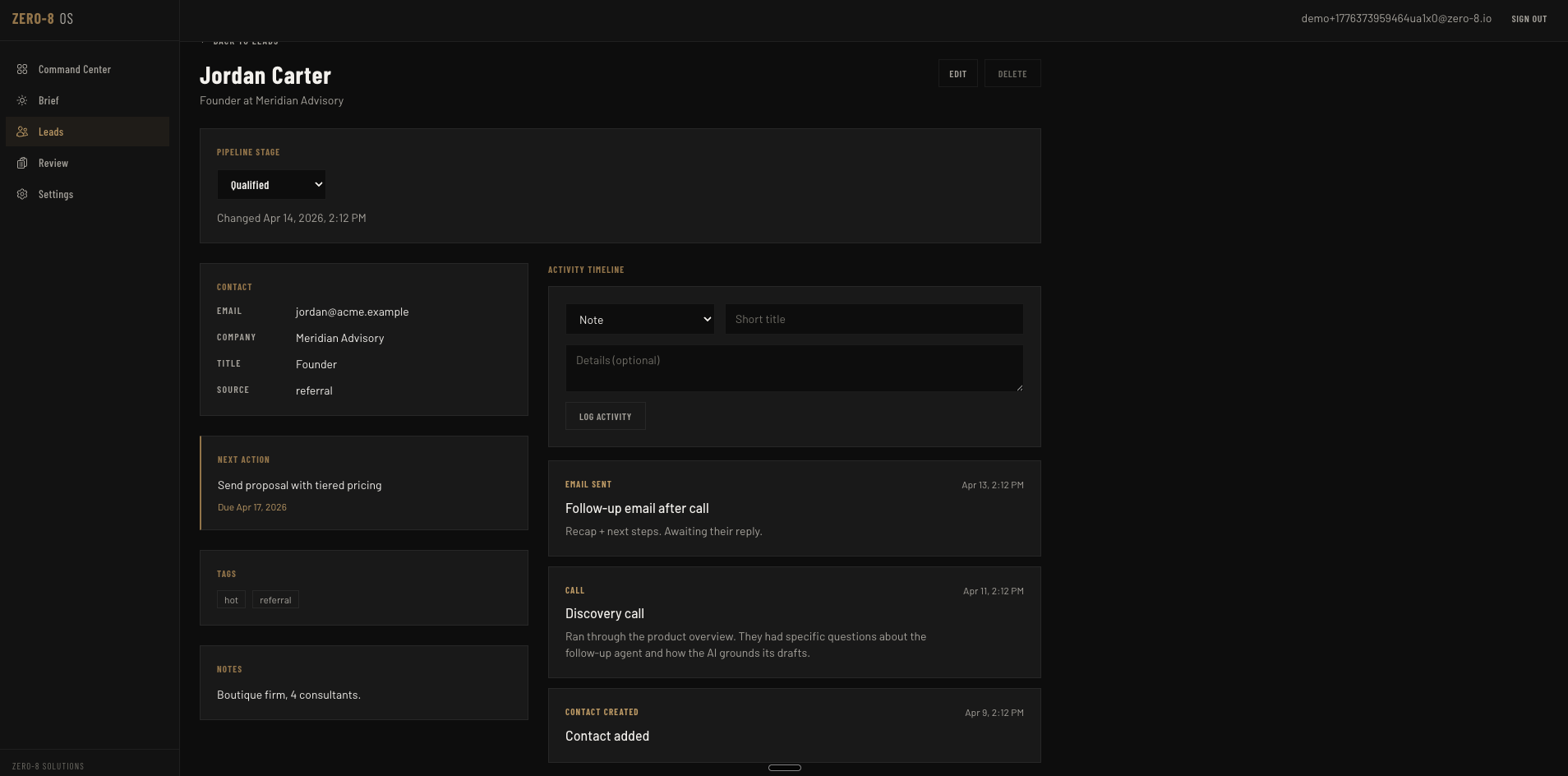 Lead detail view with activity timeline and next actions